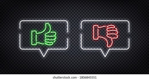 Señal de neón aislado vectorial realista del logo de Thumb arriba y abajo de la burbuja de habla para la decoración y cubrir el fondo transparente. Concepto de clasificación, red y medios sociales.