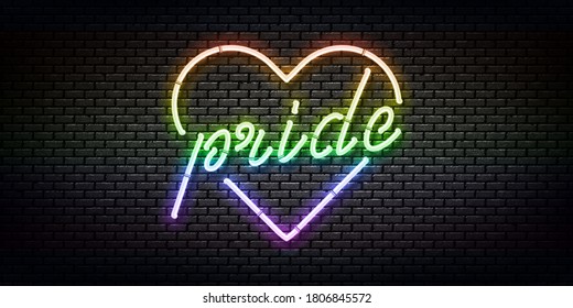Vector realistas y aislado signo de neón del logotipo de Pride Heart para la decoración de plantillas y la invitación cubriendo sobre el fondo de la pared.