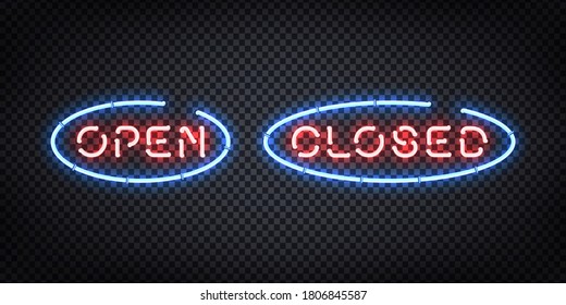 Vector realistic isolated neon sign of Open and Closed logo for template decoration and layout covering on the transparent background. Concept of cafe and restaurant.
