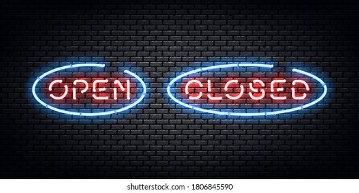 Vektor-realistisches, isoliertes Neonzeichen des offenen und geschlossenen Logos für Vorlagendekoration und Layout auf dem Wandhintergrund. Konzept von Café und Restaurant.
