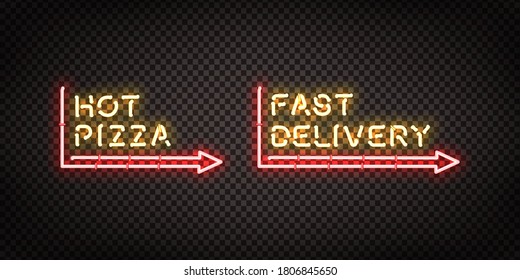 Vector realistic isolated neon sign of Hot Pizza and Fast Delivery logo for template decoration and covering on the transparent background. Concept of restaurant, cafe, pizzeria and italian food.