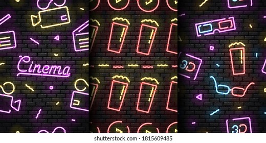 Vector realistic isolated neon sign of seamless pattern of Cinema logo for template decoration and invitation covering on the seamless wall.