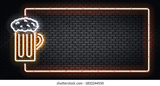 Vector realistic isolated neon sign of Beer Mug frame for decoration. Concept of cafe, pub or restaurant.