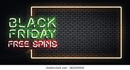 Signo de neón aislado vectorial realista del logotipo del marco Black Friday Free Spins para la decoración de plantillas y el diseño de invitaciones. Concepto de oferta especial de casino y gran venta promocional.