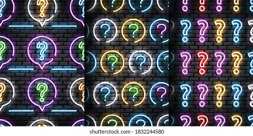 Señal de neón aislado y vectorial realista de un patrón sin fisuras con preguntas para la decoración de plantillas y cubierta en una pared sin fisuras. Concepto de la noche y la pregunta de la trivia.