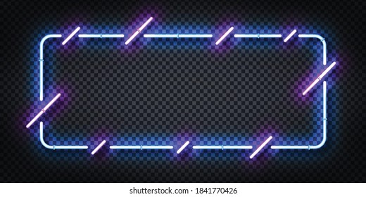 Signo de neón aislado vectorial realista de marco azul y púrpura para plantilla y diseño.