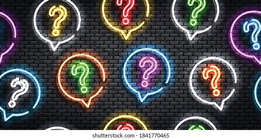 Vector realistic isolated neon sign of seamless pattern with questions for template decoration and covering. Concept of trivia night and question.