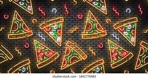 Vector Realistic Isolated Neon Sign Of Pizza On A Wall Seamless Pattern For Template Website Decoration And Wallpaper Covering On The Wall Background. Concept Of Restaurant, Cafe And Italian Food.