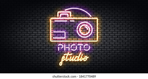 Vector realistic isolated neon sign of Photo Studio logo for template decoration on the wall background. Concept of photographer profession, cinema studio and creative process.