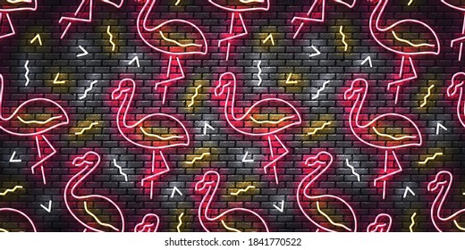 Vector realistic isolated neon sign of Flamingo on a wall seamless pattern for template website decoration and wallpaper covering on the wall background. Concept of summer.