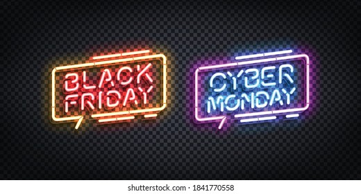 Vector realistic isolated neon sign of Black Friday and Cyber Monday logo for template decoration and invitation design.