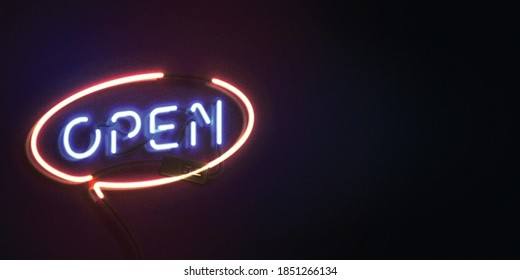 Signo de neón aislado vectorial realista del logotipo Open con espacio de copia para la decoración de plantillas y el recubrimiento de diseño.