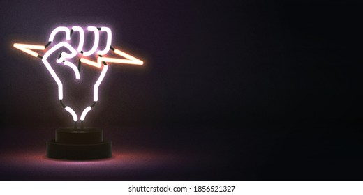 Vector realistic isolated neon sign of fist holding a lightning flyer logo for template decoration and covering.