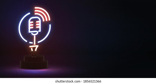 Vector realistic isolated neon sign of On Air Microphone with copy space for invitation decoration. Concept of podcast and live streaming.