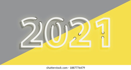 Signo de neón aislado vectorial de 2021 sobre el fondo de color amarillo y gris iluminante.