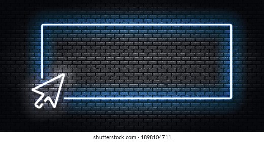 Signo de neón aislado vectorial realista del logotipo del marco Cursor para la plantilla de invitación en el fondo de la pared.