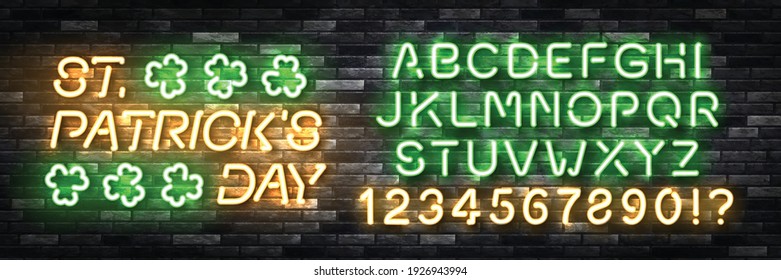 Vector realistic isolated neon sign of St. Patrick's Day logo with easy to change color. Font alphabet for template decoration and covering on the wall background.