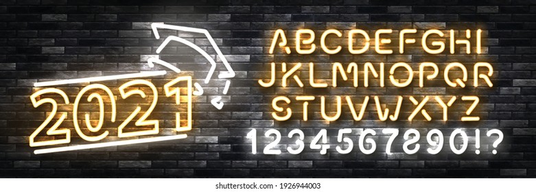 Vector Realistic Isolated Neon Sign For Graduation 2021 Logo With Easy To Change Color. Font Alphabet On The Wall Background.
