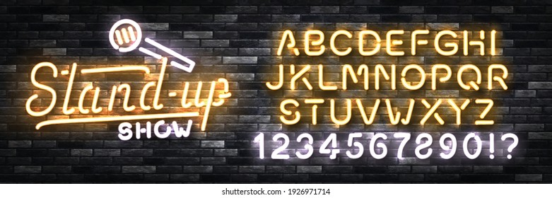 Vector realistic isolated neon sign of Stand Up Show logo with easy to change color font alphabet on the wall background. Concept of comedy and humor.