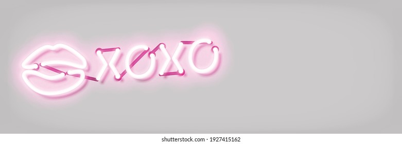 Vector Realistic Isolated Neon Sign Of Xoxo Kiss Saying Logo For Template Decoration On The White Background. Concept Of Love.