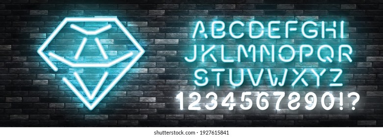 Vektorrealistisches, isoliertes Neonzeichen von Diamond mit leicht zu verändern Farbschriftalphabet auf dem Wandhintergrund.