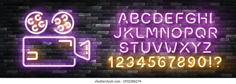 Vector realistic isolated neon sign of Camera logo with easy to change color font alphabet on the wall background. Concept of photographer profession, cinema studio and creative process.
