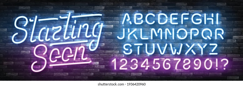 Vector realistic isolated neon sign of Starting Soon with easy to change color font alphabet logo for template decoration and covering on the wall background.