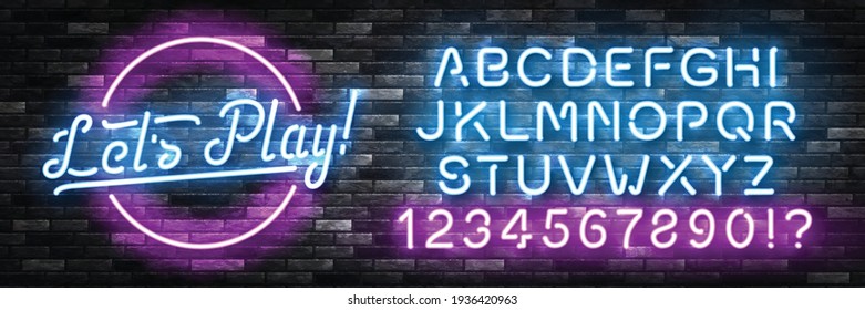 Vector realistic isolated neon sign of Let's Play logo with easy to change color font alphabet for template decoration and covering on the wall background. Concept of gaming.