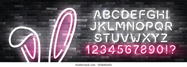 Vector realistic isolated neon sign of Bunny Ears with easy to change color font alphabet for template decoration and layout covering on the wall background. Concept of Happy Easter.