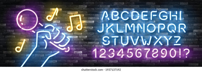 Vector realistic isolated neon sign of Karaoke with easy to change color font alphabet for template decoration and invitation covering on the wall background. Concept of karaoke, night club and music.