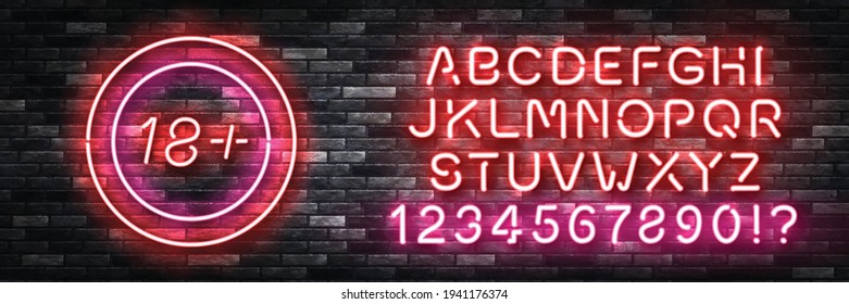 Vector realistic isolated neon sign of 18+ logo with easy to change color font alphabet for decoration and covering on the wall background.
