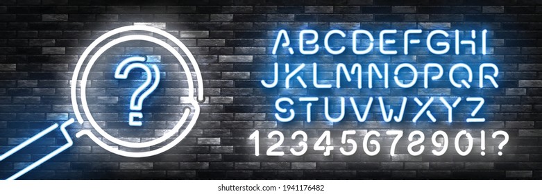 Vector realistic isolated neon sign of Magnifier with Question Mark with easy to change color font alphabet logo for template decoration and covering on the wall background.