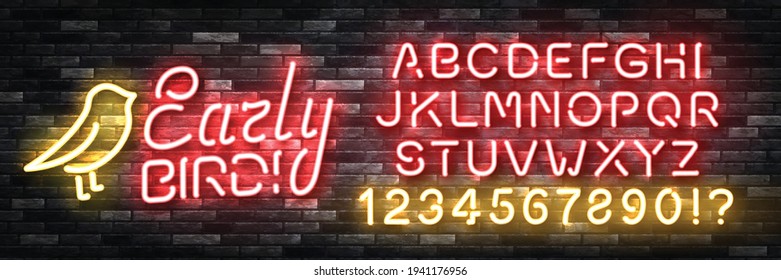 Vector Realistic Isolated Neon Sign Of Early Bird With Easy To Change Color Font Alphabet Logo For Template Decoration And Covering On The Wall Background. Concept Of Sale.