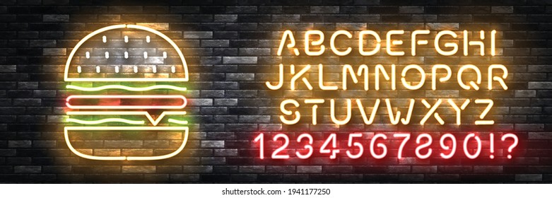 Signo de neón aislado vectorial realista de Burger con el logotipo del alfabeto de fuente de color fácil de cambiar para la decoración de plantillas y el recubrimiento en el fondo de la pared. Concepto de comida rápida, cafetería y restaurante.