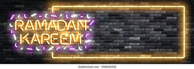 Vector realistic isolated neon sign of Ramadan Kareem frame logo for invitation decoration and template covering on the wall background.