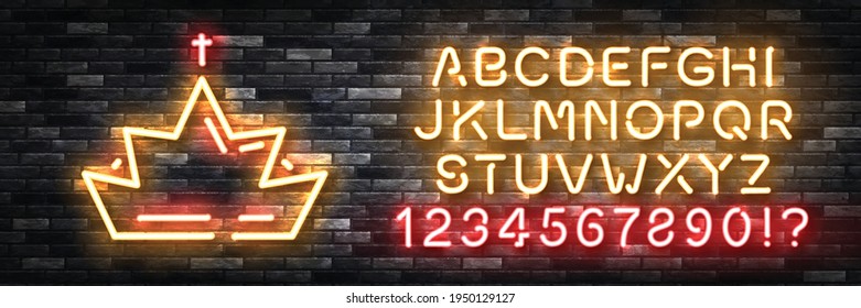Vector realistic isolated neon sign of Crown with easy to change color alphabet font logo for decoration and covering on the wall background.
