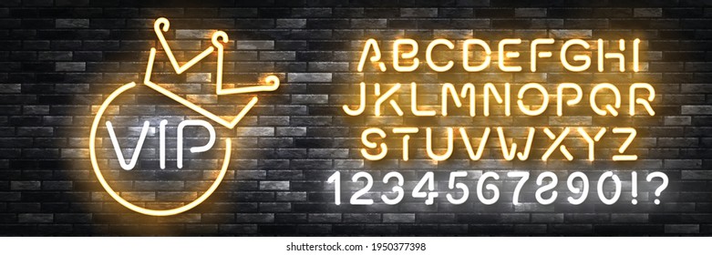 Vector realistic isolated neon sign of VIP with easy to change color alphabet font for template decoration and covering on the wall background. Concept of luxury and premium.