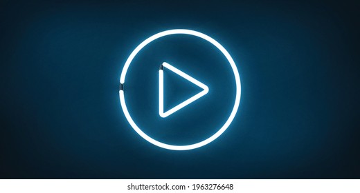 Señal de neón aislado vectorial realista del Video Player para la decoración y la cobertura sobre el fondo azul. Concepto de medios sociales y estudio de películas.