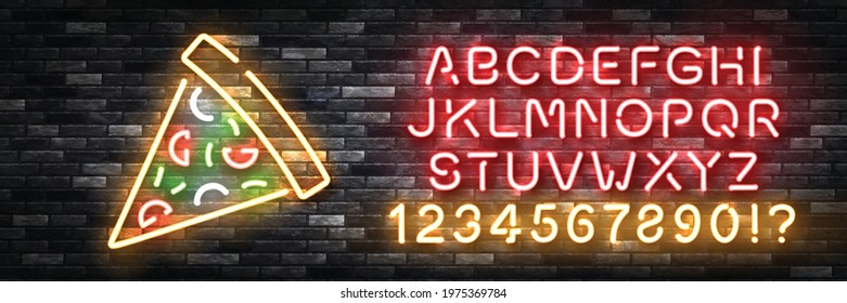 Vector Realistic Isolated Neon Sign Of Pizza Logo With Easy To Change Color Alphabet Font For Invitation Template On The Wall Background. Concept Of Restaurant, Cafe, Pizzeria And Italian Food.