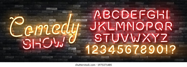 Vector Realistic Isolated Neon Sign Of Comedy Show Logo With Easy To Change Color Alphabet Font For Template Decoration On The Wall Background. Concept Of Stand Up Performance And Humor.