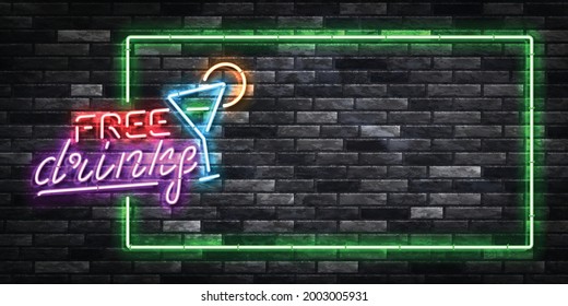 Vector realistic isolated neon sign of Free Drinks frame logo for template decoration and covering on the wall background.