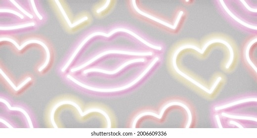 Signo de neón aislado vectorial realista de labios y corazones sin fisuras para la decoración y el recubrimiento sobre el fondo blanco.