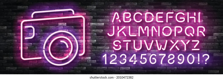 Signo de neón aislado vectorial del logotipo de la cámara con un tipo de letra de color fácil de cambiar para la decoración y el recubrimiento de la plantilla en el fondo de la pared.