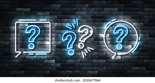 Vektorrealistisches, isoliertes Neonzeichen für Fragezeichen für Vorlagendekoration und Abdeckung auf dem Wandhintergrund.