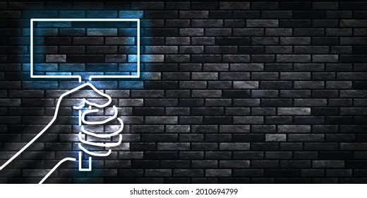 Vector realistic isolated neon sign of Hand holding a sign logo for template decoration and layout covering on the wall background.