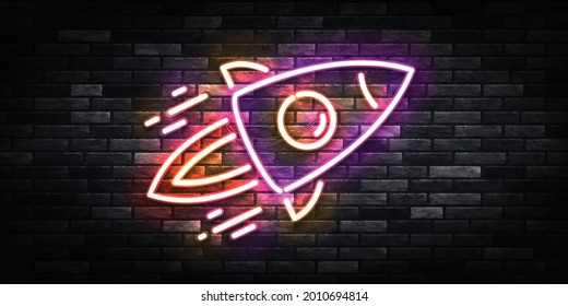 Signo de neón aislado vectorial realista del logotipo Rocket para la decoración de plantillas y el recubrimiento en el fondo de la pared.