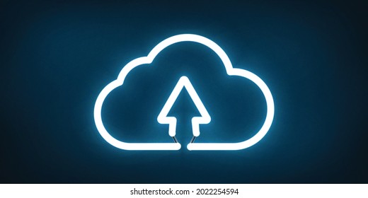 Vector realistic isolated neon sign of data storage cloud for decoration and covering on the blue background. Concept of computer, electronics and technology.
