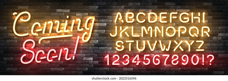 Vector realistic isolated neon sign of Coming Soon logo with easy to change color alphabet font for template decoration and layout covering on the wall background.