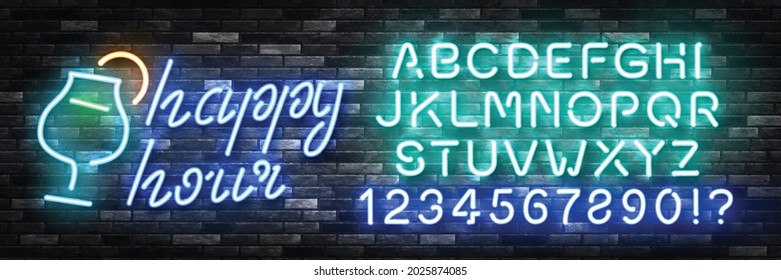 Vector realistic isolated neon sign of Happy Hour logo with easy to change color alphabet font on the wall background.