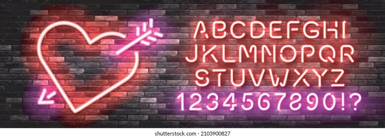 Signo de neón aislado vectorial realista del logotipo Corazón con tipo de letra del alfabeto de color fácil de cambiar para la plantilla de invitación en el fondo de la pared. Concepto de San Valentín.